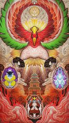 architecture east_asian_architecture entei highres ho-oh looking_at_viewer miyagawa_(maxggguys) mural no_humans pokemon pokemon_(creature) raikou red_eyes suicune tower 