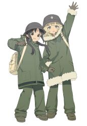  2girls absurdres al3x_alex arm_up backpack bag black_eyes black_hair blonde_hair blue_eyes boots chito_(shoujo_shuumatsu_ryokou) coat combat_helmet full_body fur_trim gloves hand_in_pocket hand_up helmet highres jacket long_hair long_sleeves looking_at_viewer low_twintails military_uniform multiple_girls open_mouth pants shoujo_shuumatsu_ryokou simple_background twintails waving white_background yuuri_(shoujo_shuumatsu_ryokou) 