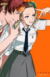  1boy 1girl amikoiiko ayase_yuka bandaid bandaid_on_neck belt belt_buckle blonde_hair blue_eyes blue_necktie breast_pocket buckle coat_of_arms collarbone copyright_name diamond-shaped_earrings diamond_necklace dress_shirt earclip earrings english_text ermine facing_to_the_side fingernails freckles from_side goggles goggles_on_head green_belt green_gakuran green_scrunchie green_skirt hair_ornament highres inward_l inward_v jewelry lips long_fingernails long_hair looking_ahead mismatched_eyebrows necklace necktie orange_background persona persona_1 pink_lips pocket red_hair red_shirt school_emblem school_uniform scrunchie shirt short_hair short_sleeves simple_background skirt smirk st._hermelin_school_uniform teeth twintails uesugi_hidehiko undershirt upper_body v weasel white_shirt 