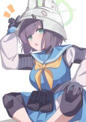  1girl absurdres aqua_eyes black_gloves black_hair blue_archive breasts commentary_request gloves green_halo grey_helmet halo helmet highres indian_style large_breasts minarin_(393939min) neckerchief open_mouth saki_(blue_archive) short_hair simple_background sitting solo white_background yellow_neckerchief 