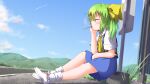  1girl ascot bangs blue_skirt blue_sky blue_vest blush bow cigarette closed_eyes closed_mouth clouds collared_shirt commentary_request contrail cookie_(touhou) daiyousei day diyusi_(cookie) flat_chest full_body grass green_hair hair_bow head_rest high-visibility_vest highres kurotsuki_hiiragi long_hair outdoors ponytail road_sign shirt shoes short_sleeves sign sitting skirt sky smoking sneakers socks solo touhou vest white_footwear white_legwear white_shirt yellow_ascot yellow_bow 