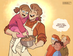  2girls 3boys apron carrying child_carry father_and_child father_and_daughter glasses highres homkamiro mixing_bowl multiple_boys multiple_girls parent_and_child pink_skirt pink_sweater rectangular_eyewear red_sweater scout_(tf2) skirt sleeves_rolled_up speech_bubble sweater team_fortress_2 thought_bubble turtleneck turtleneck_sweater 