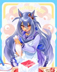 1girl animal_ears apron black_hair blush bow bowl bowtie breasts cake chiffon collarbone commentary_request dark-skinned_female dark_skin decorating_baked_goods ear_scrunchie fang food fruit hair_between_eyes hair_ornament hairclip highres hishi_amazon_(umamusume) holding holding_pastry_bag horse_ears horse_girl horse_tail long_hair long_sleeves mixing_bowl open_mouth pastry_bag pleated_skirt purple_sailor_collar purple_serafuku purple_shirt purple_skirt red_eyes red_scrunchie sailor_collar sailor_shirt school_uniform scrunchie serafuku shirt skirt smile solo strawberry striped_clothes striped_scrunchie tail tracen_school_uniform umamusume very_long_hair white_apron white_bow white_bowtie 