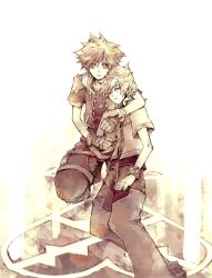  2boys arm_around_neck bright_pupils brown_theme checkered_clothes commentary_request crying english_commentary fingerless_gloves full_body furrowed_brow gift_art gloves heartless_emblem hood hood_down hooded_jacket illbewaiting jacket kingdom_hearts kingdom_hearts_ii looking_at_viewer male_focus mixed-language_commentary monochrome multiple_boys open_clothes open_jacket open_mouth pouch puffy_pants roxas shirt short_hair short_sleeves single_tear sora_(kingdom_hearts) spiky_hair thigh_pouch thigh_strap worried wristband 