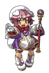  1boy animal_ears ankle_boots boots brown_eyes child gloves gold_trim harakawa_mitsuhiro holding holding_staff mismatched_eyebrows multicolored_shirt official_art open_mouth pink_hair purple_shirt red_scarf scarf shinrabanshou shirasawa_no_melt shirt short_hair shorts solo staff third-party_source transparent_background trap white_boots white_gloves white_shirt white_tail 