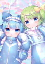  2girls absurdres blue_bow blue_dress blue_eyes blue_hair blush bow cirno coa_(chroo_x) daiyousei detached_wings dress fairy green_hair hair_bow hair_ornament highres ice ice_wings long_sleeves multiple_girls open_mouth parted_lips short_hair side_ponytail sleeves_past_fingers sleeves_past_wrists smile textless_cover_page third-party_source touhou wings x_hair_ornament 