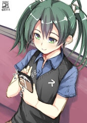  1girl black_sweater_vest blue_shirt blush cellphone collared_shirt couch dated green_eyes green_hair hair_between_eyes hair_ribbon holding holding_phone kantai_collection long_hair phone ribbon shirt short_sleeves sitting smartphone smartphone_case smile solo sound_effects sweater_vest twintails twitter_username upper_body weshika white_ribbon zuikaku_(kancolle) 