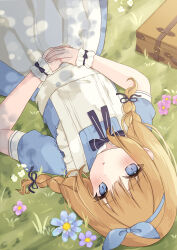  1girl absurdres alice's_adventures_in_wonderland alice_(alice_in_wonderland) apron black_ribbon blue_dress blue_eyes blue_hairband braid dress fingernails grass hair_ribbon hairband highres light_blush looking_at_viewer lying on_back oumiya_hinari parted_lips ribbon solo twin_braids white_apron 