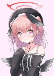  1girl 3: alternate_costume alternate_hairstyle bare_shoulders beret black_choker black_hat black_wings blue_archive blush breasts center_frills choker closed_mouth collarbone commentary_request eyes_visible_through_hair feathered_wings frilled_shirt frills frown hair_between_eyes halo hand_up hat head_wings highres jirai_kei kaorun_(momiji_hourensou) koharu_(blue_archive) long_hair looking_at_viewer low_wings outstretched_hand partial_commentary pink_background pink_eyes pink_hair red_halo ribbon shirt sidelocks simple_background sleeve_ribbon sleeves_past_wrists small_breasts solo two_side_up upper_body v-shaped_eyebrows white_ribbon winged_halo wings 