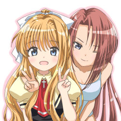  2girls 7cats :d ;) air_(visual_novel) blonde_hair blue_camisole blue_eyes breasts camisole closed_mouth collarbone commentary_request cross_ornament eyes_visible_through_hair grey_eyes hair_between_eyes hair_ribbon hand_on_another's_shoulder hand_up highres kamio_haruko kamio_misuzu long_hair looking_at_viewer medium_breasts mother_and_child mother_and_daughter multiple_girls necktie one_eye_closed open_mouth outline parent_and_child pink_outline ponytail puffy_short_sleeves puffy_sleeves red_hair red_necktie ribbon school_uniform shirt short_sleeves sidelocks simple_background single_hair_intake smile tareme upper_body v very_long_hair white_background white_ribbon yellow_shirt 