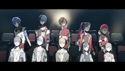  2girls 3boys aoyagi_touya aqua_hair azusawa_kohane beanie black_hair blonde_hair blue_eyes blue_hair brown_eyes closed_mouth dual_persona earrings glowing glowing_eyes gradient_hair hair_between_eyes hair_ornament hairclip hat headphones headphones_around_neck highres jacket jewelry kaito_(vocaloid) long_hair long_sleeves looking_at_viewer mole mole_under_eye movie_theater multicolored_hair multiple_boys multiple_girls official_art orange_hair project_sekai projector shinonome_akito shiraishi_an shirt short_hair short_twintails sidu_(dsd_kgn) split-color_hair streaked_hair twintails two-tone_hair upper_body vivid_bad_squad_(project_sekai) 