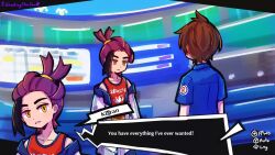  2boys ahoge antenna_hair artist_name black_hair blue_shirt brown_hair collarbone collared_shirt commentary cowboy_shot english_commentary english_text florian_(pokemon) frown highres jacket kieran_(pokemon) looking_at_another male_focus multiple_boys off_shoulder open_clothes open_jacket parted_lips persona pokemon pokemon_scarlet_and_violet purple_hair red_vest shirt shootingstareon short_hair sidelocks single_sidelock teeth user_interface vest white_jacket yellow_eyes 