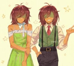  2others :d alternate_costume antenna_hair artist_name bare_arms bare_shoulders belt black_belt black_pants bow bow_choker bowtie brown_hair buttons canvas_texture choker closed_mouth collared_shirt commentary cowboy_shot dark_skin deltarune double-parted_bangs dress dual_persona english_commentary facing_viewer film_grain flat_chest frilled_dress frills green_dress green_vest grin hand_in_pocket hand_on_own_arm highres kris_(deltarune) medium_hair multiple_others necktie no_eyes off-shoulder_dress off_shoulder other_focus pants puffy_sleeves red_necktie shaded_face shirt short_sleeves simple_background smile spaghetti_strap standing star_(symbol) star_symbol_background straight-on suspenders swept_bangs three-quarter_sleeves utdr_(toby_fox) vemmies vest white_bow white_bowtie white_choker white_shirt white_sleeves white_trim yellow_background 