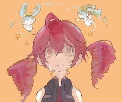  3girls @_@ ahoge angel angel_wings aqua_hair bare_shoulders chibi closed_eyes collar cropped_torso crying dress drill_hair feathered_wings grey_jacket halo hatsune_miku highres holding holding_instrument holding_trumpet instrument jacket kasane_teto medium_hair mini_wings multiple_girls ni_(nimame629) open_mouth orange_background red_hair simple_background sparkle star_(symbol) synthesizer_v tears traditional_halo trumpet twin_drills twintails utau white_dress white_wings wings 
