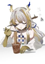  1girl absurdres arknights bare_shoulders blonde_hair blue_hair chopsticks closed_eyes dragon_girl dragon_horns dress grey_hair highres holding holding_chopsticks horns instant_cup_noodles instant_noodles jacket lastmatch500 long_hair multicolored_hair open_clothes open_jacket open_mouth pointy_ears shu_(arknights) sleeveless sleeveless_dress solo white_dress white_jacket 