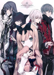  1girl 4boys alice's_adventures_in_wonderland belt black_bow black_pants blonde_hair blunt_bangs bow cierra_(ra-bit) closed_mouth green_eyes grey_hair hair_between_eyes hair_bow hairband holding hood hood_up jacket long_hair long_sleeves looking_at_viewer multiple_boys original pants photoshop_(medium) red_eyes red_jacket revision shirt smile standing stuffed_animal stuffed_rabbit stuffed_toy white_hair white_shirt 