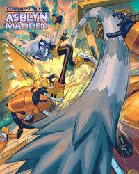  1girl absurdres animal_ears animal_nose artist_name battle black_bodysuit black_gloves black_pants bodysuit building clouds cloudy_sky egg_pawn english_text fighting fingerless_gloves furry furry_female gloves grey_fur grin highres kornart leggings lemur_ears lemur_girl lemur_tail looking_at_viewer motion_lines outdoors pants road robot shoes sky smile sneakers sonic_(series) sonic_the_hedgehog_(idw) tail tail_whip tangle_the_lemur teeth violet_eyes 