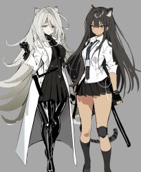  2girls animal_ear_fluff animal_ears arms_at_sides bare_arms bare_legs baton_(weapon) black_boots black_dress black_gloves black_hair black_necktie black_skirt black_socks black_tail boots breasts buttons cat_ears cat_girl cat_tail center-flap_bangs closed_mouth coat collarbone collared_dress collared_shirt commentary diagonal-striped_clothes diagonal-striped_necktie double-parted_bangs dress eyes_visible_through_hair feet_out_of_frame fingerless_gloves flipped_hair frown full-leg_boots full_body gloves grey_background grey_hair hair_between_eyes hair_over_shoulder hand_up highres holding holding_baton_(weapon) holding_weapon knee_pads kneehighs lanyard lapels latex latex_boots latex_gloves layered_sleeves legs_apart legs_together long_hair long_sidelocks long_sleeves looking_at_viewer medium_breasts miniskirt multicolored_hair multiple_girls necktie ohta_guk_hip open_clothes open_coat original pale_skin pleated_dress pleated_skirt red_eyes ringed_eyes school_uniform serious shiny_clothes shiny_footwear shirt short_dress side-by-side sidelocks simple_background single_hair_intake single_knee_pad skirt small_breasts smile socks standing star_(symbol) streaked_hair striped_clothes striped_tail swept_bangs tail thick_thighs thighs three-quarter_sleeves tie_clip tsurime two-tone_hair v-shaped_eyebrows very_long_hair weapon white_coat white_shirt white_streaks 