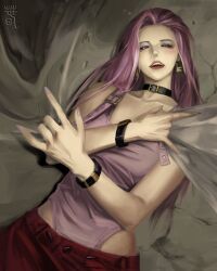  1girl absurdres belt_buckle belt_collar black_sclera bracelet breasts buckle choker collar colored_sclera crack cracked_wall cropped_legs earrings floating_hair hair_floating_upwards hair_over_shoulder highres holding jewelry jujutsu_kaisen leotard long_hair looking_at_viewer pants parted_lips partially_invisible pink_eyes pink_hair pink_leotard pink_nails red_lips red_pants sleemonkv smile solo solo_focus uro_takako white_unitard 
