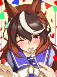  1girl 1other absurdres animal_ears black_hair brown_hair cake cake_slice collarbone commentary_request eating ema_love_rudolf food fork fruit hair_between_eyes highres holding holding_fork horse_ears horse_girl jacket looking_at_viewer multicolored_hair plate pov school_uniform strawberry symboli_rudolf_(umamusume) tracen_school_uniform two-tone_hair umamusume upper_body violet_eyes 