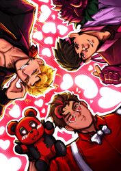  3boys artist_name aztexarts black_hair blonde_hair blue_eyes blush bow bowtie brown_eyes brown_hair closed_mouth collarbone collared_shirt commentary deadpool deadpool_(series) english_commentary fantastic_four finger_heart flower flower_in_mouth freckles grin hand_up headband heart heart-shaped_eyewear heart_background highres holding holding_stuffed_toy iron_fist_(marvel) jacket johnny_storm lapels lin_lie_(marvel) looking_at_viewer male_focus marvel marvel_rivals multicolored_hair multiple_boys one_eye_closed outline parted_lips peter_parker pink_headband puckered_lips purple_jacket red-tinted_eyewear red_background red_flower red_rose red_shirt red_streaks rose shirt short_hair signature sleeves_rolled_up smile spider-man spider-man_(series) streaked_hair stuffed_animal stuffed_toy sunglasses suspenders teddy_bear teeth tinted_eyewear upper_body valentine white_bow white_bowtie white_outline wing_collar 