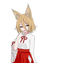  1girl absurdres alternate_costume animal_ear_fluff animal_ears blonde_hair chinese_commentary clothing_cutout commentary_request fox_ears fox_girl gemen_daochu_shuijiao hair_between_eyes hakama hakama_skirt highres hip_vent japanese_clothes kimono kudamaki_tsukasa looking_at_viewer medium_hair miko neck_ribbon red_hakama red_ribbon ribbon ribbon-trimmed_sleeves ribbon_trim simple_background skirt solo touhou white_background white_kimono wide_sleeves yellow_eyes 