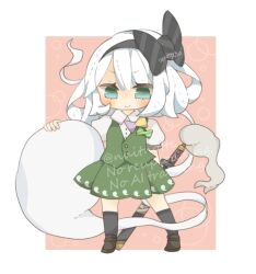  1girl black_bow black_shoes black_socks bow closed_mouth commentary cowboy_shot full_body green_bow green_hair green_vest grey_eyes hair_bow hitodama_print konpaku_youmu konpaku_youmu_(ghost) looking_at_viewer puffy_short_sleeves puffy_sleeves purple_bow sheath sheathed shirt shoes short_hair short_sleeves smile socks solo standing sword touhou vest watermark weapon white_hair white_shirt yaco_(nuitnotte) yellow_bow 