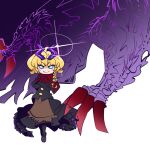  1girl apron bangs black_capelet black_gloves black_headwear black_skirt black_vest blonde_hair blue_eyes blush bow bowtie braid bright_pupils brown_apron capelet closed_mouth commentary_request cookie_(touhou) crossed_arms full_body gloves gore_magala gram_9 hair_bow hat horns kirisame_marisa looking_at_viewer meguru_(cookie) monster_hunter_(series) purple_horns red_bow red_bowtie short_hair single_braid skirt skirt_set smile thick_eyebrows touhou vest waist_apron white_background white_pupils 