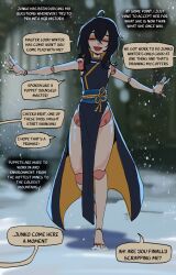  1girl absurdres ahoge bare_shoulders barefoot basedbinkie black_dress black_hair china_dress chinese_clothes doll_joints dress english_text full_body hair_between_eyes highres joints junko_(basedbinkie) messy_hair open_mouth original outdoors pelvic_curtain puppet short_hair sleeveless sleeveless_dress smile snow snowing solo speech_bubble standing 