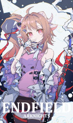  1girl absurdres ahoge animal_ears ardelia_(arknights) arknights arknights:_endfield bare_shoulders black_skirt black_thighhighs bow bowtie breasts brown_hair chinese_commentary commentary_request copyright_name curled_horns detached_sleeves drill_hair drill_ponytail eyjafjalla_(arknights) fingerless_gloves frilled_sleeves frills garter_straps gloves grey_horns hair_intakes hair_ornament hand_up highres holding holding_staff horns lamp long_hair long_sleeves looking_at_viewer parted_lips purple_pupils purple_shirt red_eyes red_garter_straps sheep_ears sheep_girl sheep_hair_ornament sheep_horns shirt skirt sleeveless sleeveless_shirt small_breasts solo staff thigh-highs white_bow white_bowtie white_gloves xueding'e_de_chou_xiongmao zettai_ryouiki 