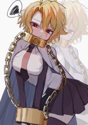  1girl absurdres black_necktie black_skirt black_thighhighs blonde_hair blush breasts cape chain chained chained_wrists collar cuffs don_quixote_(project_moon) gloves handcuffs highres index_(identity)_(project_moon) jacket limbus_company long_sleeves looking_at_viewer minto_aro necktie parted_bangs project_moon red_eyes sancho_(project_moon) shirt short_hair simple_background skirt solo thigh-highs white_background white_cape white_shirt 
