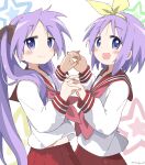  2girls :d absurdres blue_eyes cowboy_shot cynical_(llcbluckg_c004) from_side hairband highres hiiragi_kagami hiiragi_tsukasa holding_hands long_hair looking_at_viewer lucky_star multiple_girls purple_hair red_sailor_collar red_skirt ryouou_school_uniform sailor_collar school_uniform serafuku short_hair siblings sisters skirt smile standing star_(symbol) twins twintails white_background white_serafuku yellow_hairband 