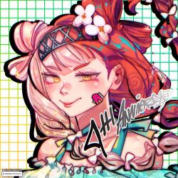  1girl anniversary bandaid bandaid_on_face blue_dress braid closed_mouth dress eyelashes fate/grand_order fate_(series) flower grid_background hairband highres izumo_no_okuni_(fate) long_hair looking_at_viewer maewenmitzuki multicolored_hair solo split-color_hair two-tone_hair upper_body white_flower yellow_eyes 