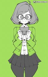  1girl absurdres ahoge artist_name bob_cut breasts closed_mouth collared_shirt game_boy glasses green_background green_jacket green_theme greyscale_with_colored_background handheld_game_console highres holding holding_handheld_game_console jacket large_breasts limited_palette long_sleeves looking_at_viewer nikki_(swapnote) nintendo nintendo_3ds nintendo_ds pantyhose patreon_logo patreon_username pleated_skirt school_uniform scrimblocrimbo shirt short_hair simple_background skirt smile solo standing swapnote thick_thighs thighs white_shirt 