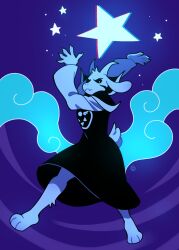  1boy arms_behind_head asriel_dreemurr barefoot black_robe black_sclera casting_spell closed_mouth clouds colored_sclera commentary english_commentary fangs full_body furry furry_male goat goat_boy goat_tail gorryb highres horns long_sleeves looking_at_viewer male_focus purple_background robe skin_fangs star_(sky) star_(symbol) tail undertale utdr_(toby_fox) v-shaped_eyebrows white_eyes white_fur white_horns white_trim 