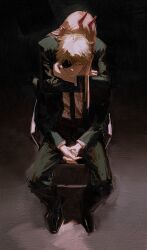  1boy 1girl absurdres black_jacket black_necktie black_pants black_shoes blonde_hair chainsaw_man daodtt demon_girl demon_horns denji_(chainsaw_man) eyepatch highres horns hug hug_from_behind interlocked_fingers jacket necktie own_hands_together pants power_(chainsaw_man) red_horns shoes short_hair sitting suit_jacket 