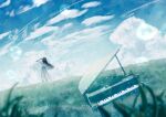  1girl absurdres blue_hair blue_sky blurry bubble clouds cloudy_sky day depth_of_field dew_drop dress field grand_piano grass hand_on_headwear hat highres instrument kumagaya_nono long_hair outdoors piano scenery short_sleeves sky solo sun_hat vocaloid water_drop white_dress 