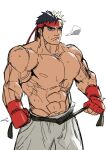 1boy abs belt black_belt black_hair closed_mouth fingerless_gloves gloves grey_eyes headband highres holding male_focus muscular muscular_male red_gloves red_headband ryu_(street_fighter) simple_background sketch solo street_fighter street_fighter_ii_(series) sweat taiyou topless_male white_background 
