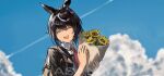  1girl animal_ears artist_name asama_(drift_in) bangs black_hair black_jacket blurry blurry_foreground blush bouquet closed_eyes clouds collared_shirt contrail contrail_(racehorse) flower hair_ornament hairclip highres holding holding_bouquet horse_ears jacket medium_hair multicolored_hair necktie open_mouth original outdoors red_necktie shirt smile solo streaked_hair sunflower tearing_up tears umamusume upper_body watermark white_shirt 