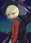  1boy 1girl akisa_(12023648) back-to-back blonde_hair breasts faceless faceless_female green_eyes grin habit holding holding_sword holding_weapon jacket large_breasts mario_gallo_bestino melty_blood nun puppet_strings red_jacket smile smirk sword tsukihime tsukihime_(remake) twitter_username weapon 
