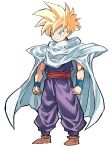  1boy angry armor belt blonde_hair bright_pupils brown_footwear cape clenched_hands closed_mouth dragon_ball dragon_ball_z highres hyou_(hyouga617) male_focus muscular muscular_male pauldrons shirt_tucked_in shoulder_armor simple_background solo son_gohan spiky_hair standing super_saiyan super_saiyan_1 white_background white_cape white_pupils wristband 
