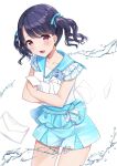  1girl absurdres black_hair blue_ribbon blue_sailor_collar blue_skirt collarbone commentary_request frilled_shirt frills fukumaru_koito hair_ribbon highres holding holding_letter idolmaster idolmaster_shiny_colors letter looking_at_viewer mochiko_(uyu_omochi) open_mouth pink_eyes ribbon sailor_collar shirt short_hair short_sleeves skirt smile solo thighs twintails water white_shirt 