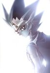  1boy armband atem cape crown earrings eyeshadow greyscale jewelry long_hair looking_at_viewer makeup male_focus monochrome simple_background sleeveless smile solo spiky_hair stud_earrings takahashiartygo white_background yu-gi-oh! 