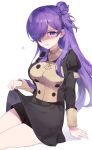  1girl bangs breasts closed_mouth fire_emblem fire_emblem:_three_houses fire_emblem_warriors:_three_hopes garreg_mach_monastery_uniform hair_bun hair_over_one_eye highres large_breasts long_hair looking_at_viewer medium_hair meunhongcha purple_hair school_uniform shez_(fire_emblem) shez_(fire_emblem)_(female) shorts simple_background single_hair_bun skirt uniform violet_eyes 