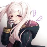  1girl :q absurdres black_gloves fire_emblem fire_emblem_awakening gloves gradient gradient_background grey_hair highres licking_lips long_hair long_sleeves looking_at_viewer naughty_face red_eyes reia_hana robe robin_(fire_emblem) robin_(fire_emblem)_(female) simple_background smile solo tongue tongue_out twintails twitter_username white_background 