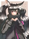  1girl absurdres animal_ear_fluff animal_ears arknights armband black_hair black_jacket black_scarf blush border brown_background frown heart highres jacket long_hair long_sleeves looking_at_viewer monch_(arknights) outside_border scarf simple_background solo tesuryu twintails upper_body very_long_hair violet_eyes white_border 