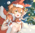  1girl :o animal_ears christmas christmas_tree dress fingerless_gloves gloves hat highres horse_ears horse_girl lealea5656 long_hair looking_at_viewer mayano_top_gun_(umamusume) night night_sky open_mouth outdoors red_dress red_gloves santa_costume santa_hat sky snow snowing squatting umamusume 