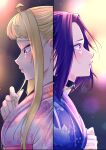  2girls absurdres akino_sayuri black_choker blonde_hair choker dosanko_gyaru_wa_namaramenkoi from_side fuyuki_minami highres holding holding_hair ikada_kai japanese_clothes kimono looking_down looking_up multiple_girls official_art parted_lips pink_kimono purple_hair purple_kimono split_screen violet_eyes 