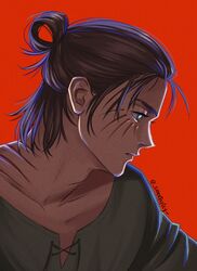  1boy bangs blue_eyes body_markings brown_hair closed_mouth eren_yeager facial_mark grey_shirt hair_bun hair_pulled_back hair_up highres lace-up_top looking_to_the_side male_focus medium_hair profile red_background shingeki_no_kyojin shirt solo sweetspicy upper_body 