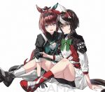  2girls animal_ears artist_name asama_(drift_in) asymmetrical_footwear bangs belt black_coat black_gloves black_hair black_skirt boots bow bowtie bright_pupils brown_hair closed_mouth coat ear_covers gloves green_bow green_bowtie green_eyes hairband highres horse_ears horse_girl horse_tail long_sleeves looking_at_viewer loves_only_you_(racehorse) marche_lorraine_(racehorse) medium_hair mismatched_footwear multicolored_hair multiple_girls open_mouth original personification ponytail shoes simple_background single_boot sitting skirt smile streaked_hair tail umamusume violet_eyes watermark white_background white_coat white_pupils white_socks 